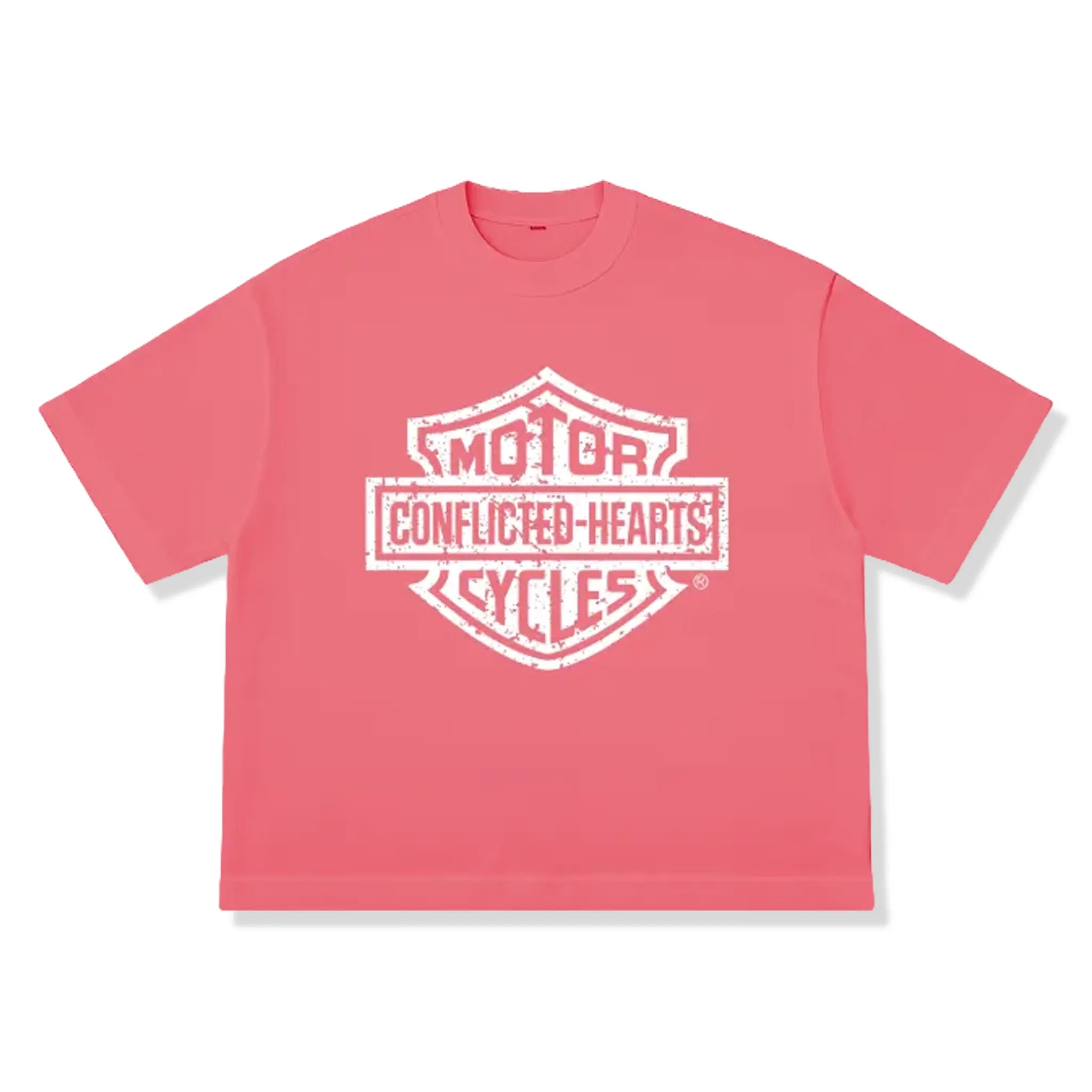 Front View of Conflicted Hearts Retro Graphic Coral Pink T-Shirt